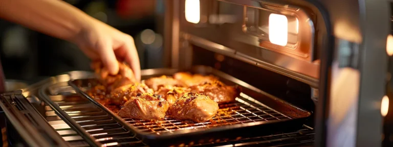 a person placing seasoned food inside an air fryer basket.