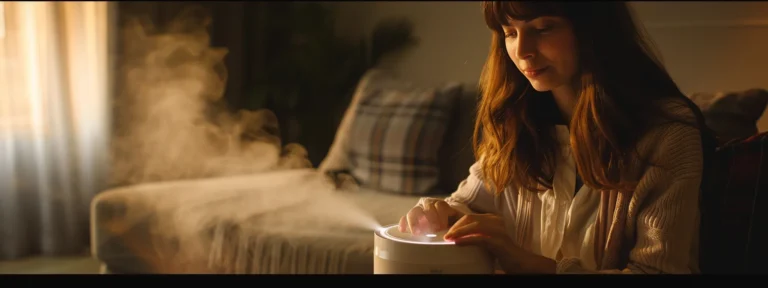 a woman carefully adjusting the settings on a humidifier in her living room.