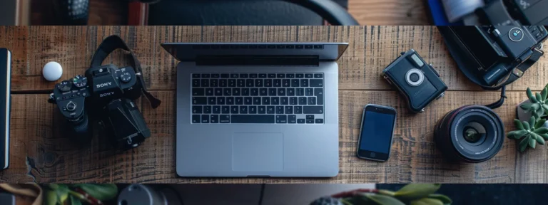 a close-up shot of a sleek, modern laptop surrounded by high-tech gadgets and accessories from realworldbuy llc's latest electronics collection.