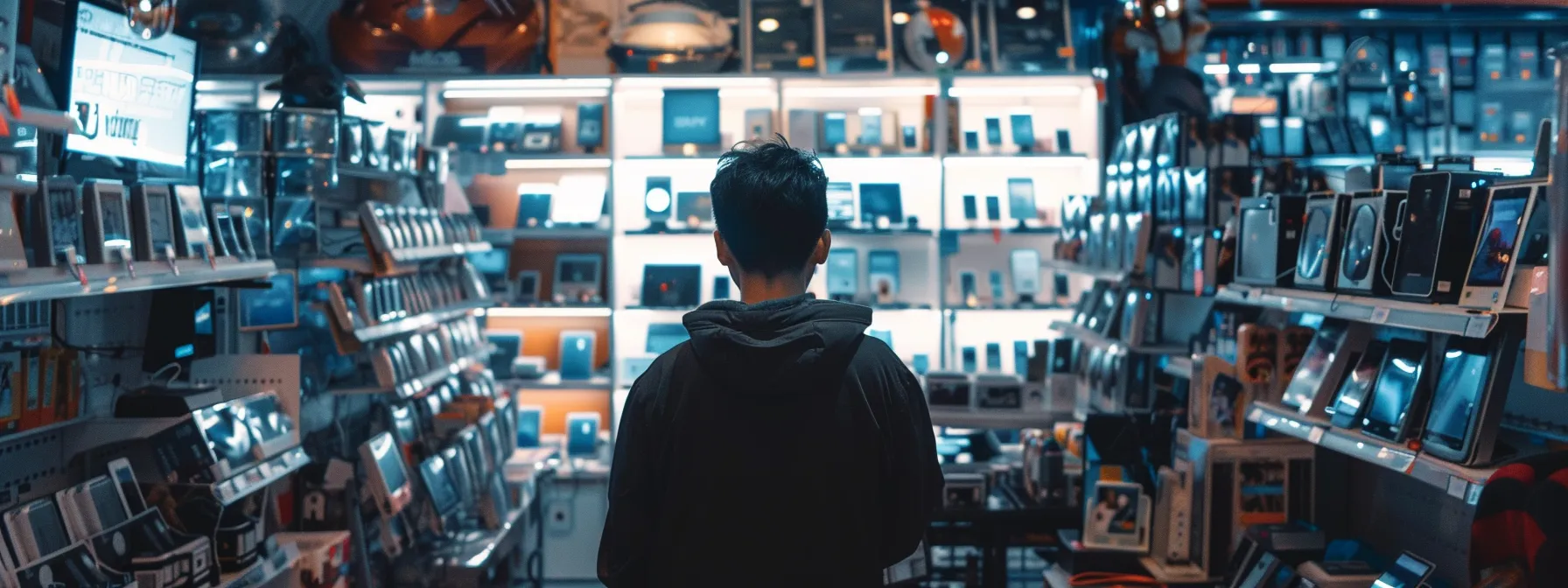 a person browsing through multiple electronic gadgets in a store.