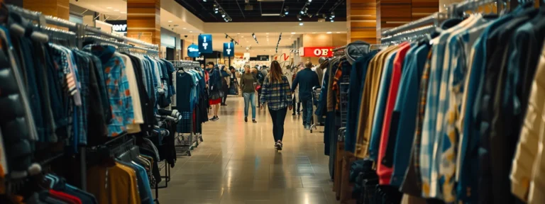 shoppers browsing through racks of clothing at macy's shopping center.