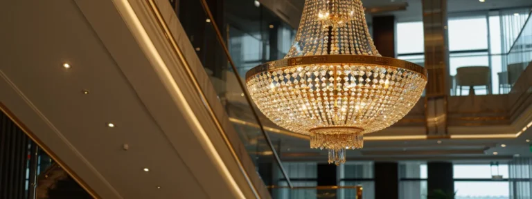 a grand crystal chandelier hangs above a luxurious modern space.