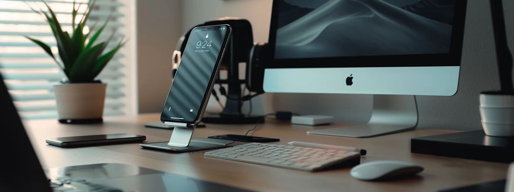 a sleek and modern phone and tablet stand displayed on a clean, uncluttered desk.