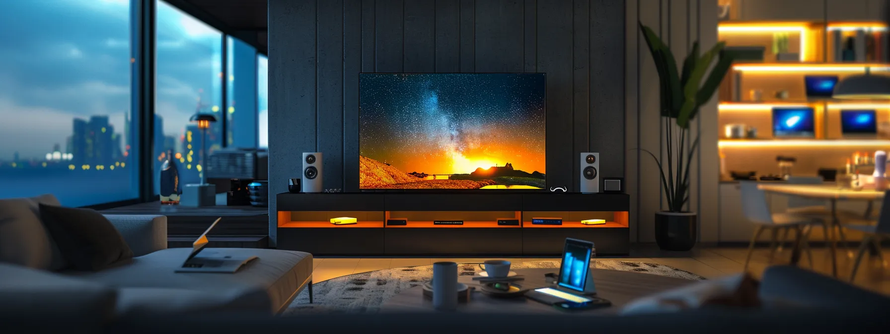 a modern living room with a tv, laptop, tablet, speaker, and smart home assistant on a sleek entertainment center.