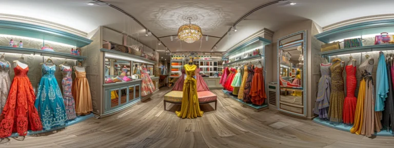 a stylish boutique filled with elegant, colorful dresses and accessories on display, creating a chic and inviting shopping atmosphere for women.