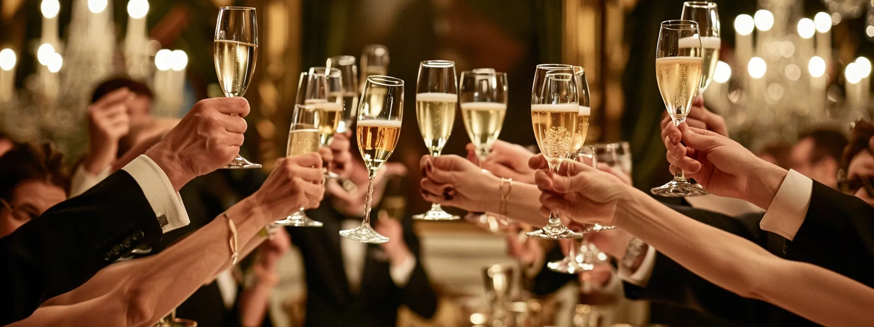 a glamorous group of champagne lovers raising their glasses in elegant attire at an exquisite party.