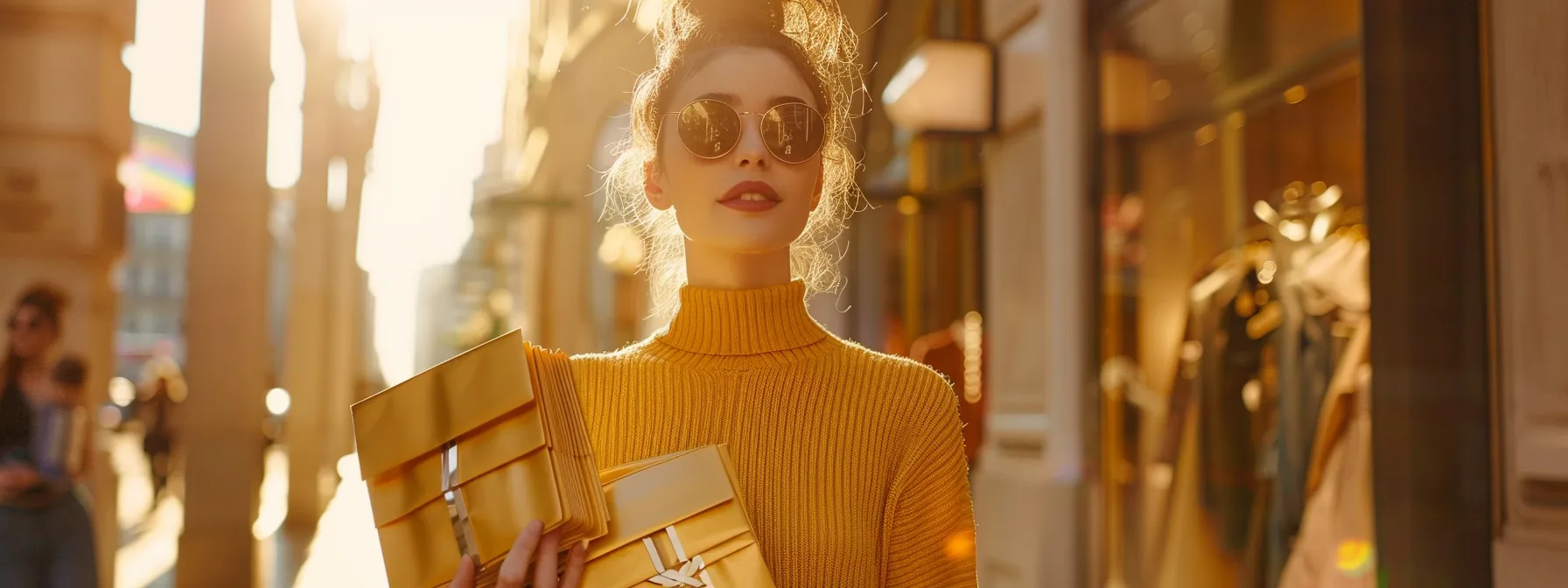 a stylish shopper proudly displaying a stack of reward points cards from clothy store, showcasing the benefits of maximizing savings through their loyalty program.