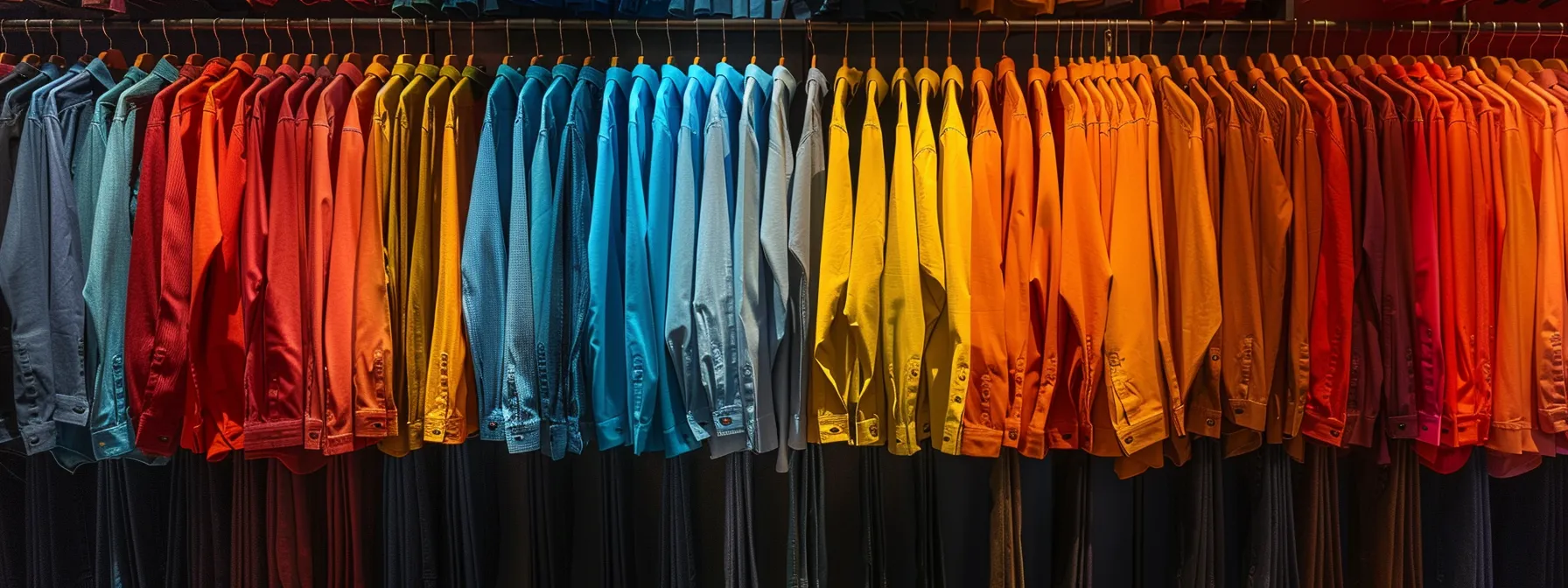 a vibrant display of colorful shirts and perfectly tailored jeans arranged creatively in a sleek and modern clothy store setting.