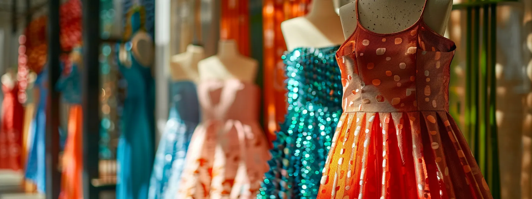 an elegant, eco-friendly dress made from sustainable materials displayed prominently in a vibrant, recycled packaging store.