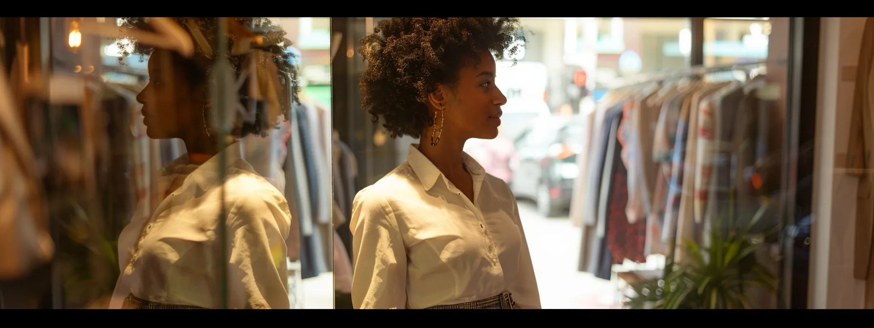 a customer peacefully admiring their reflection in a full-length mirror at clothy store, showcasing a perfectly tailored outfit that flatters their style and body type.