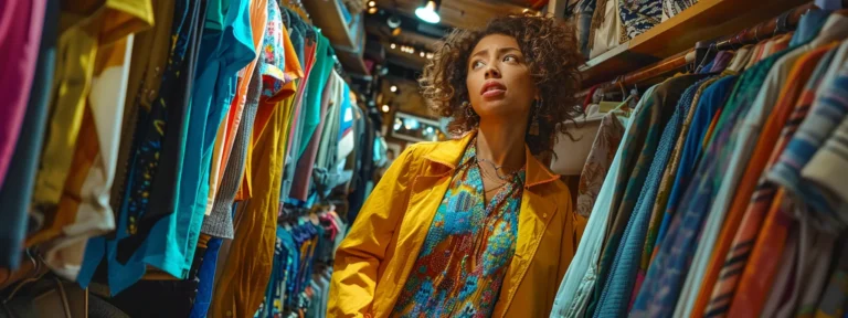 a stylish woman browsing racks of colorful clothing items at a trendy boutique, carefully selecting the perfect wardrobe essentials.