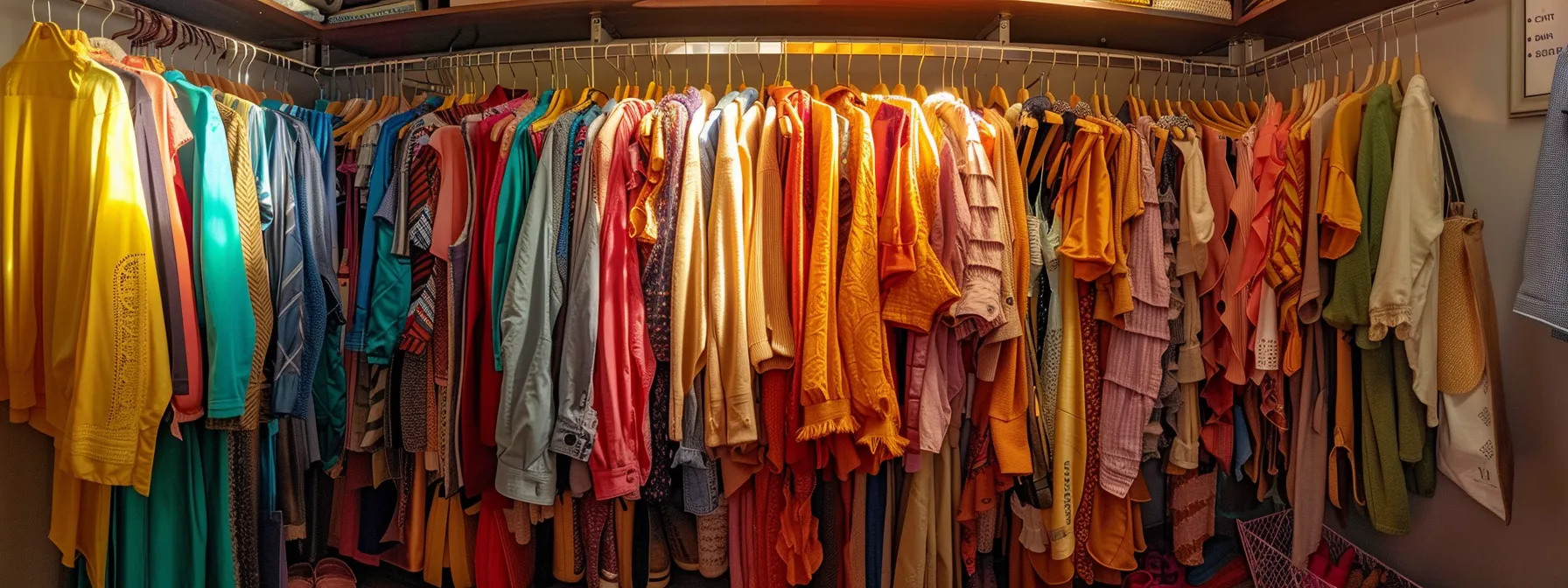 a organized closet with color-coordinated outfits neatly displayed with a budget tracker and shopping list pinned to the wall.