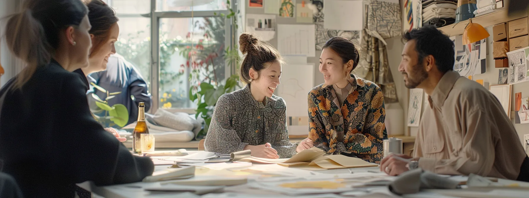 a group of designers in a bright, airy studio, surrounded by sketches, fabric swatches, and a bottle of sparkling champagne, brainstorming and laughing together.