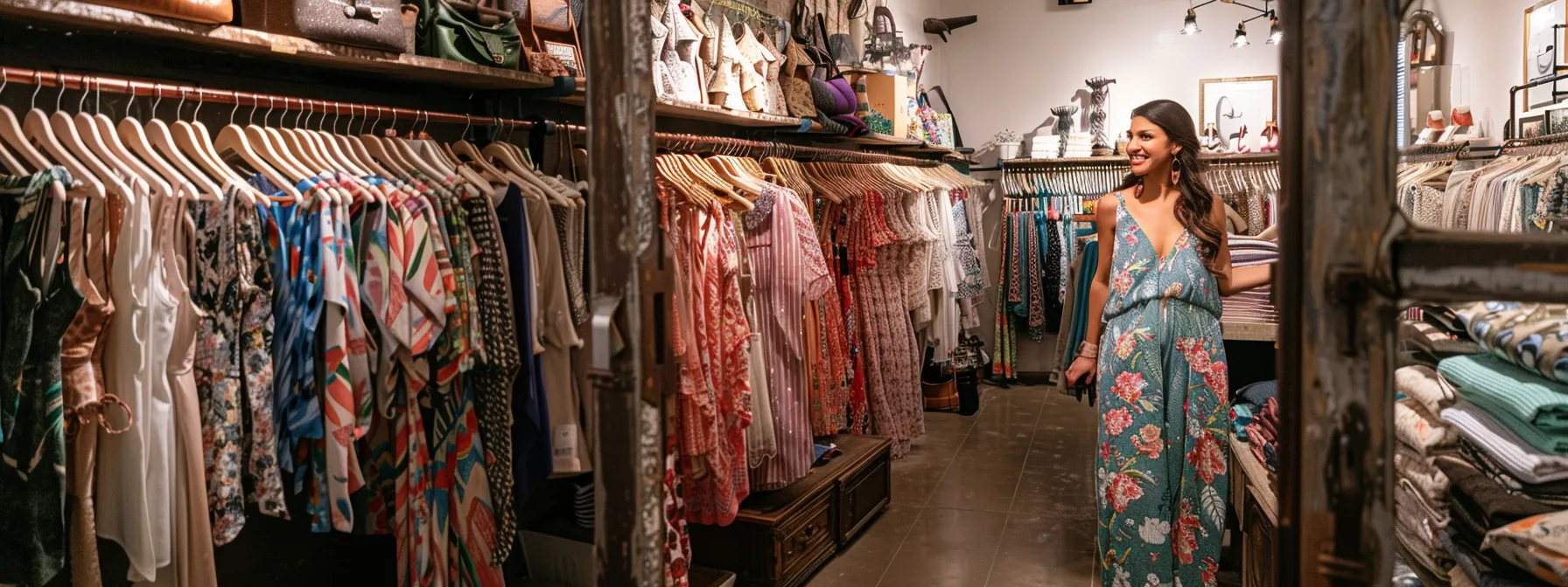 a woman trying on a gorgeous, figure-flattering dress in a women's boutique, surrounded by racks of stylish clothing and accessories.