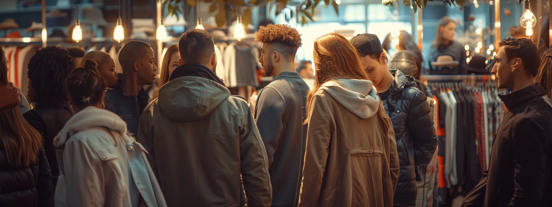 a fashionable crowd eagerly browsing the latest collection at a clothy store launch event.